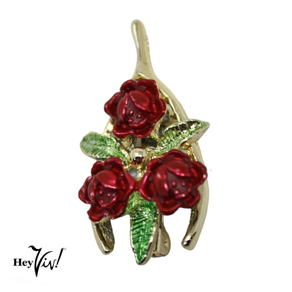 Vintage Signed Gerrys Scatter Pin Goldtone Wishbone w Red Roses 1.25" - Hey Viv